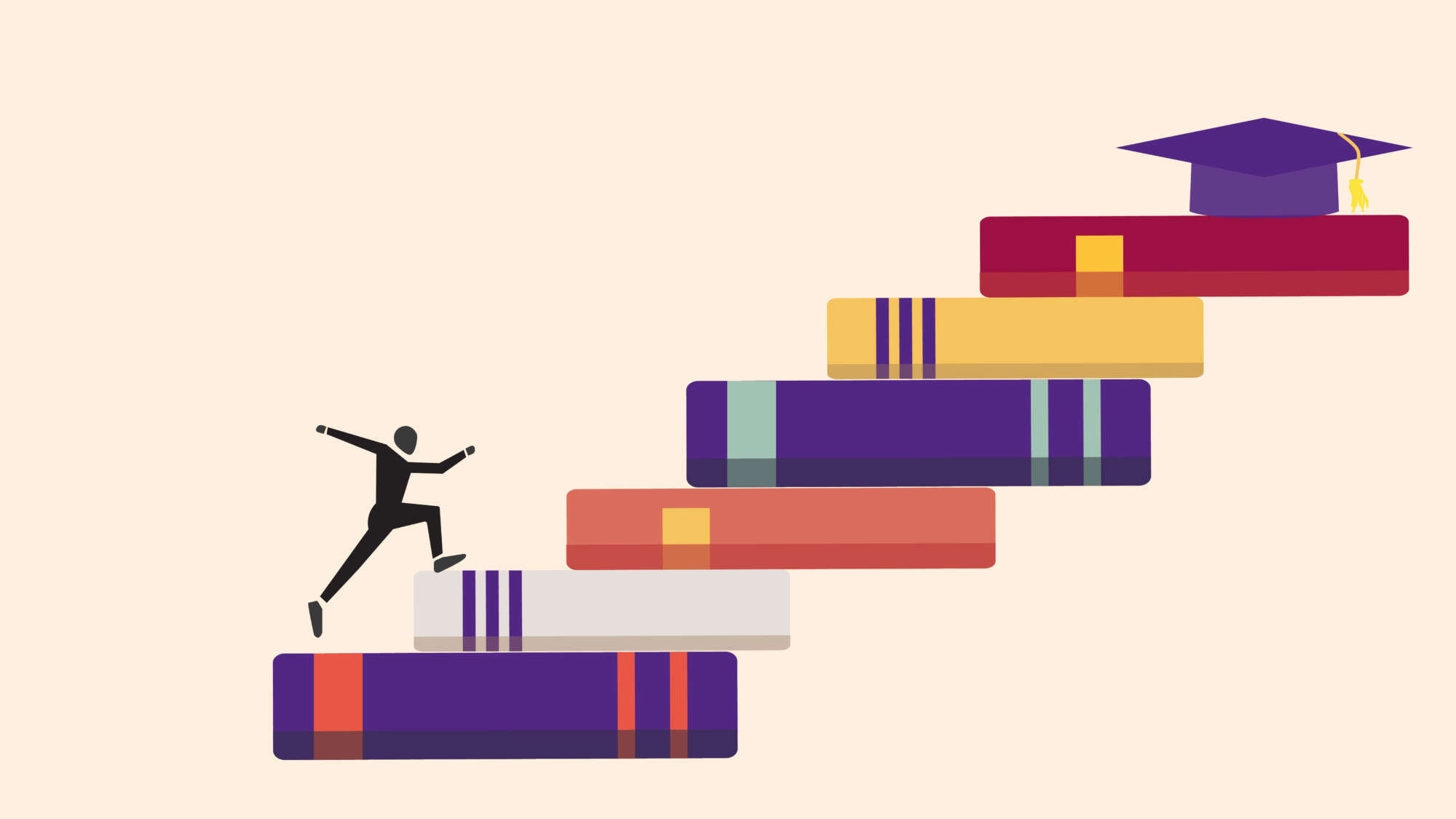 graphic of person climbing a staircase of books with a graduation cap at the top