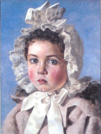 painting of young girl in bonnet against a blue background