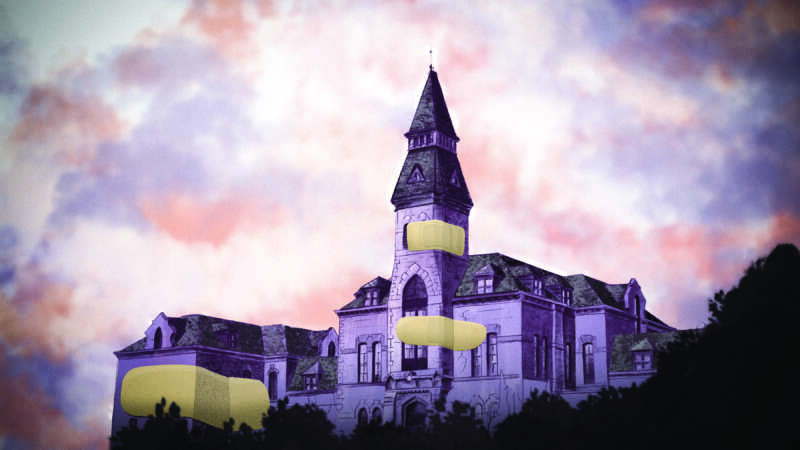 illustration of Anderson Hall with bandages covering it.