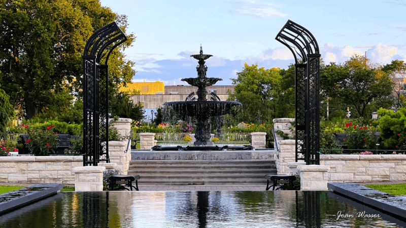 reflecting pool and bidwell fountain at kansas state university gardens