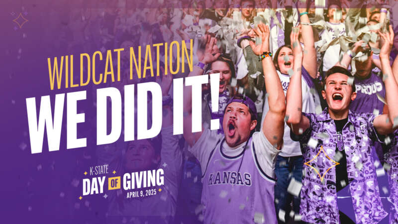 Wildcat nation we did it! K-State Day of Giving with cheering student fans in background