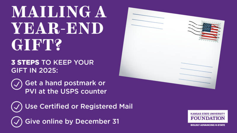 Mailing a year-end gift? 3 steps to keep your gift in 2025: - Get a hand postmark or PVI AT THE USPS counter. - Use certified or registered mail. - Give online by December 31