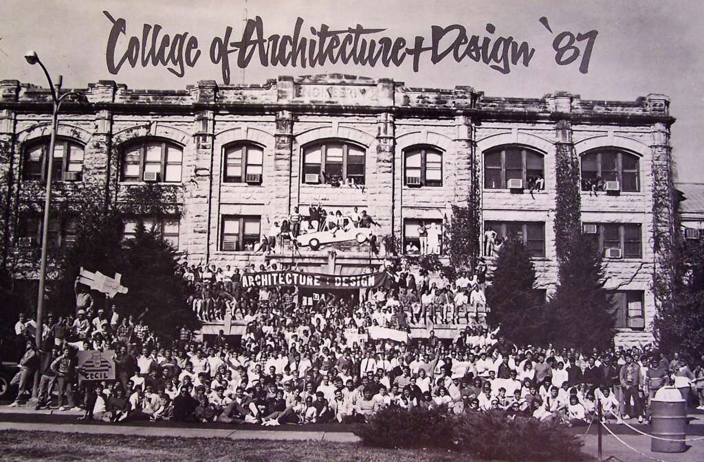 College of Architecture & Design class of '87 photo posed in front of Seaton Hall