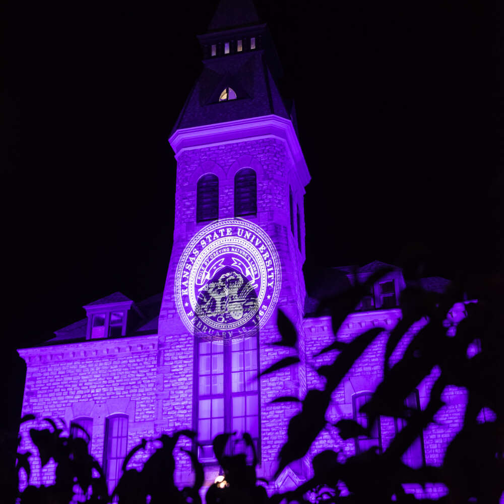anderson hall illuminated in purple light