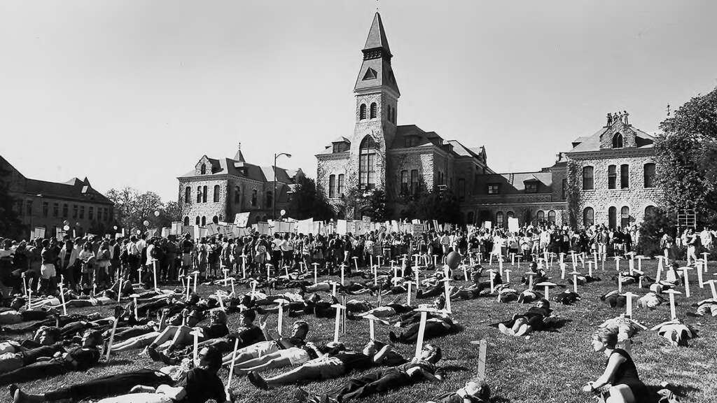 students protest on the lawn of Anderson Hall